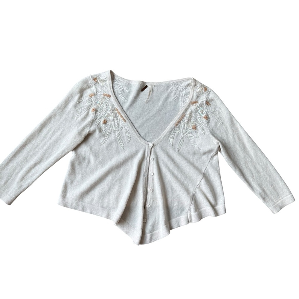Free People Sz S Wool Blend With Sequins Cardigan Ivory Button Down